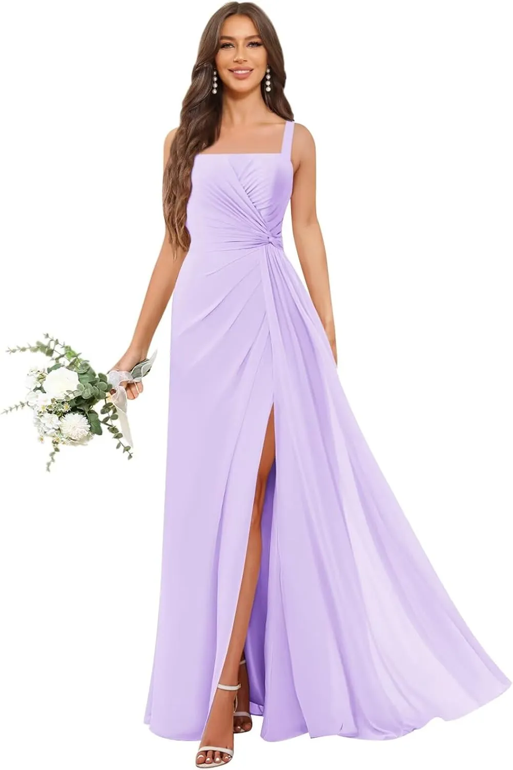 OFEECHUN Chiffon Square Neck Bridesmaid Dresses for Women Long Pleated Formal Evening Gowns with Slit