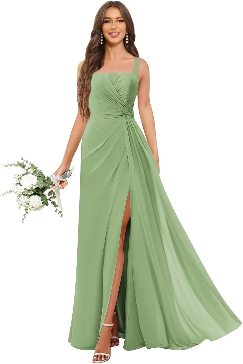 OFEECHUN Chiffon Square Neck Bridesmaid Dresses for Women Long Pleated Formal Evening Gowns with Slit