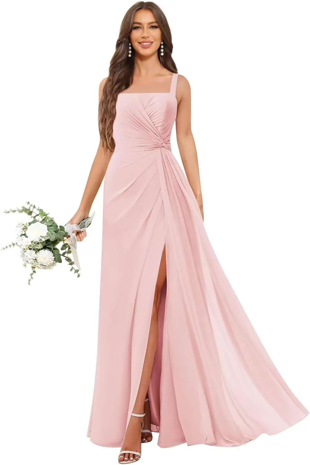 OFEECHUN Chiffon Square Neck Bridesmaid Dresses for Women Long Pleated Formal Evening Gowns with Slit