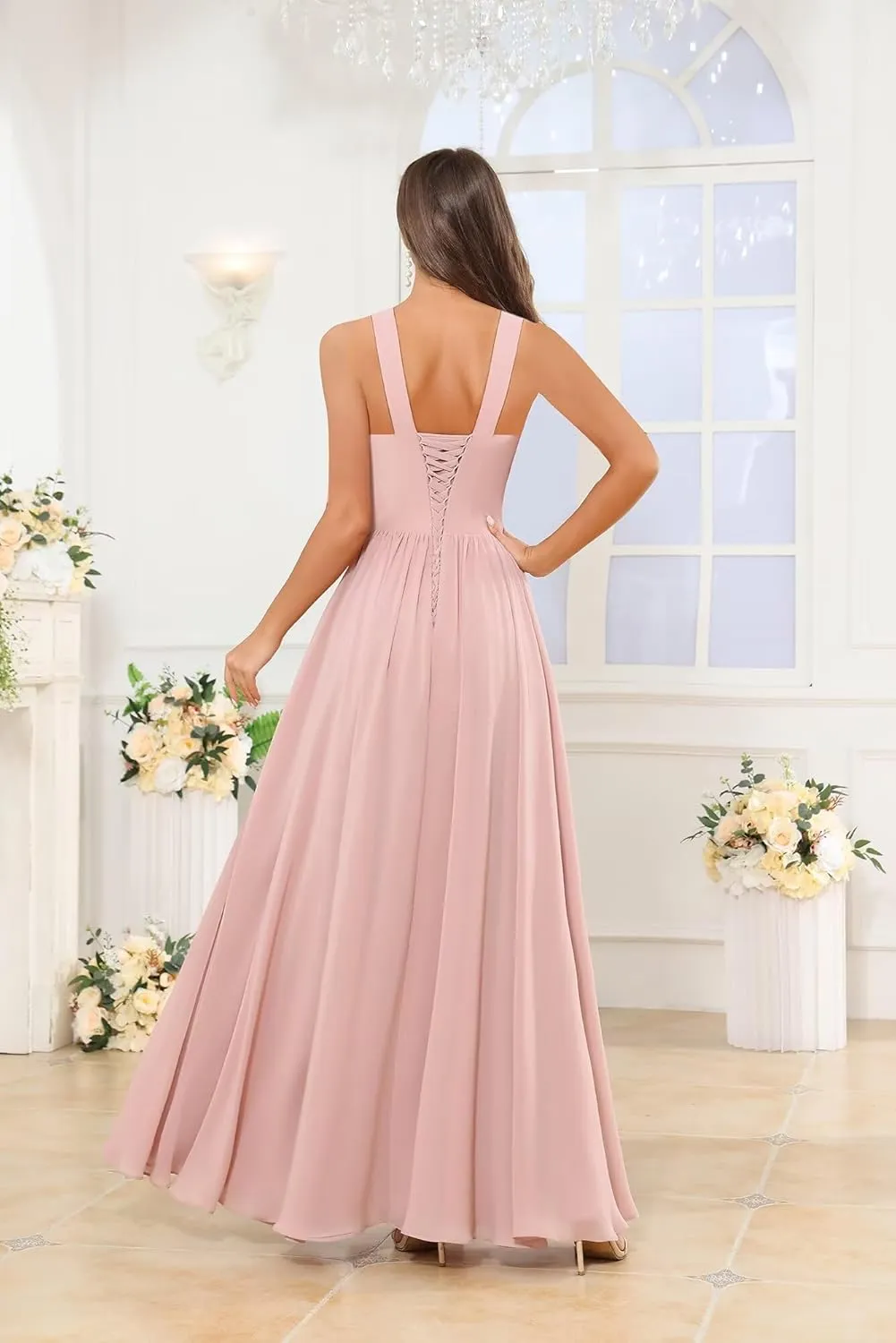 OFEECHUN Chiffon Square Neck Bridesmaid Dresses for Women Long Pleated Formal Evening Gowns with Slit
