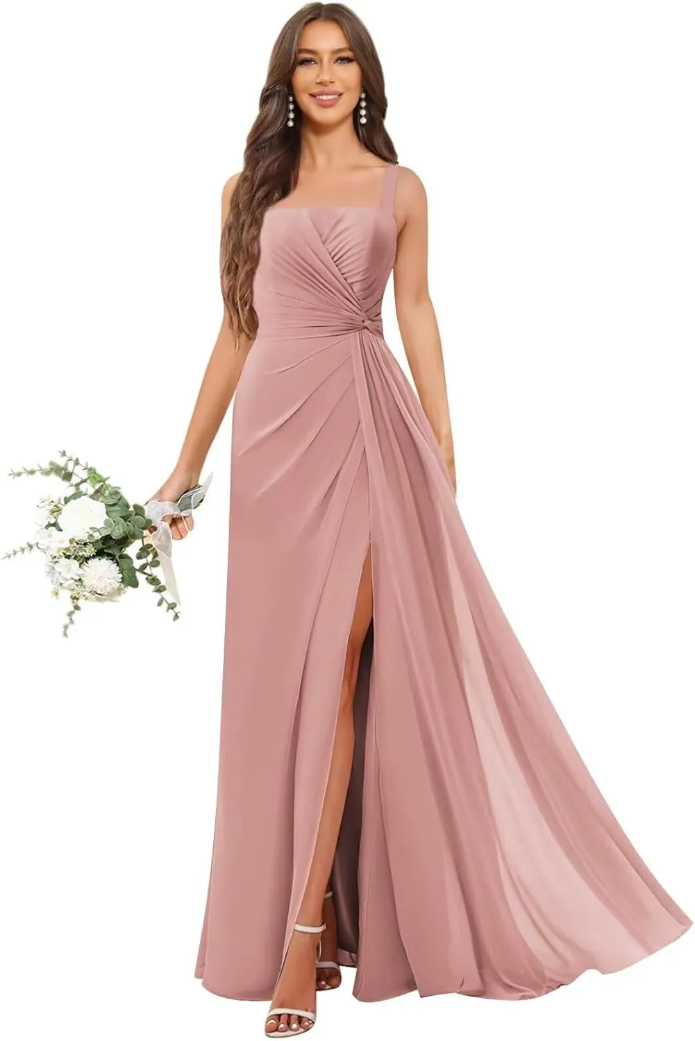 OFEECHUN Chiffon Square Neck Bridesmaid Dresses for Women Long Pleated Formal Evening Gowns with Slit