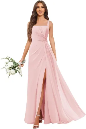 OFEECHUN Chiffon Square Neck Bridesmaid Dresses for Women Long Pleated Formal Evening Gowns with Slit