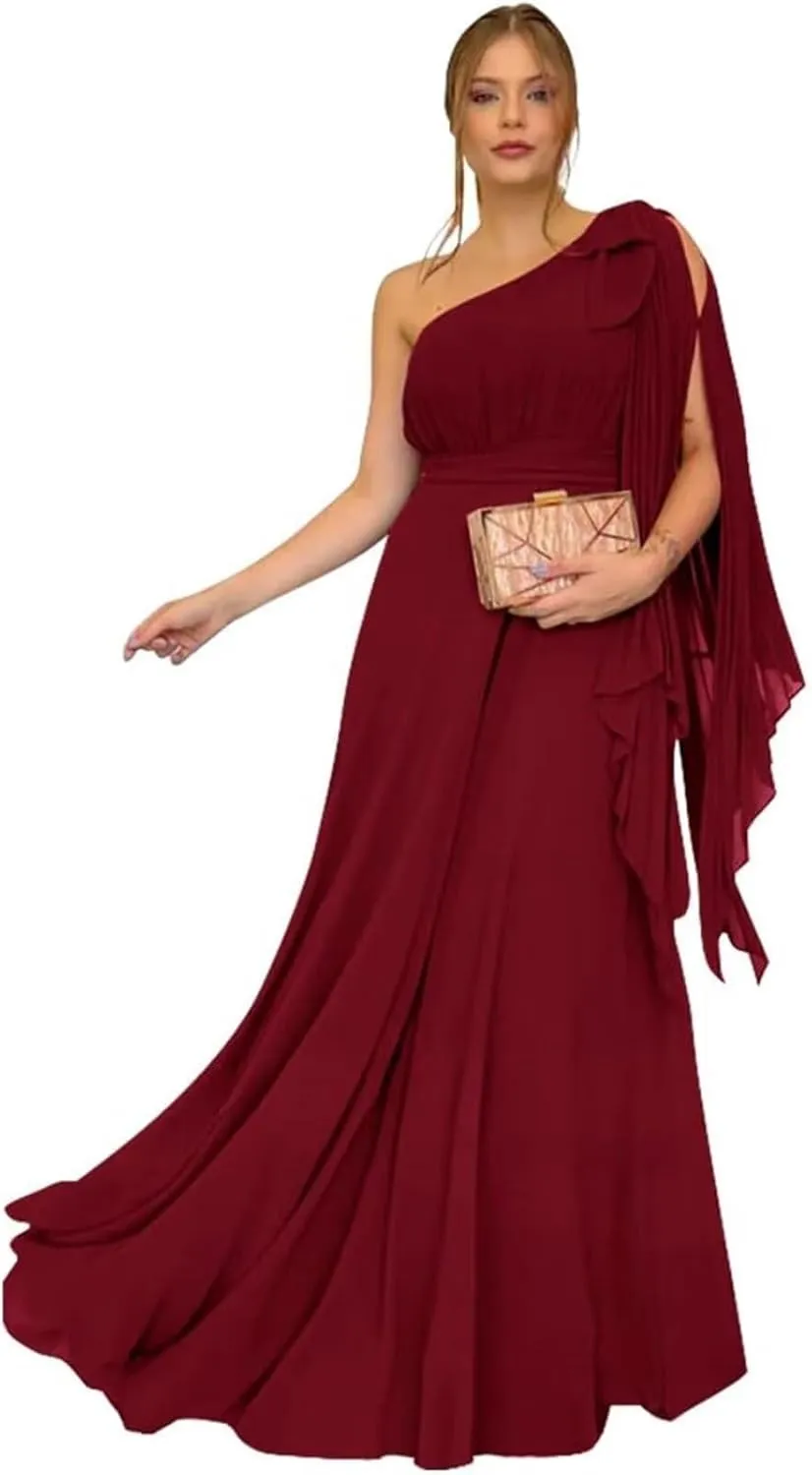 OFEYCHUN One Shoulder Bridesmaid Dresses for Women Chiffon Formal Dresses Long Evening Gown with Bow