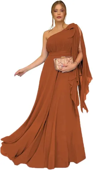 OFEYCHUN One Shoulder Bridesmaid Dresses for Women Chiffon Formal Dresses Long Evening Gown with Bow