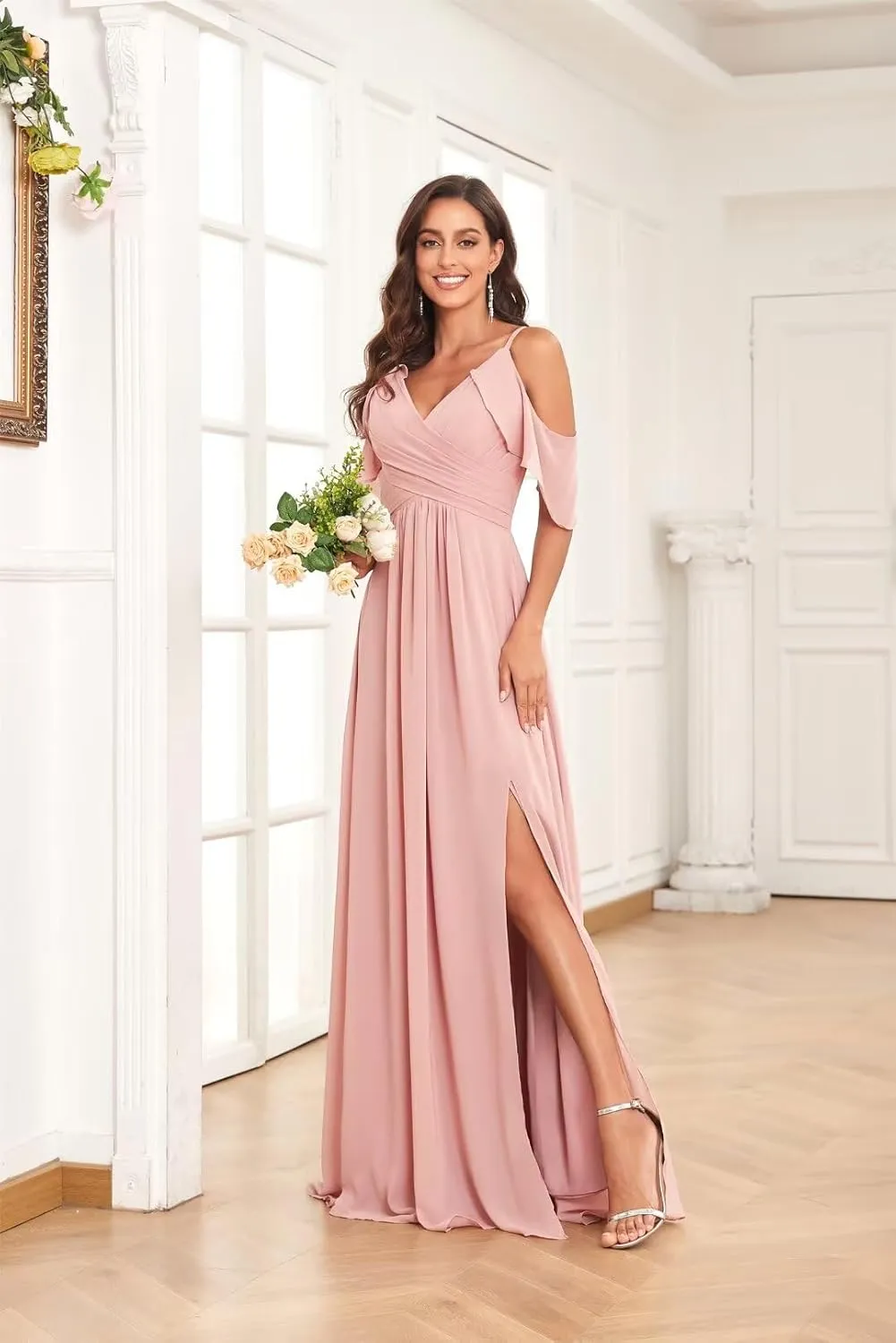 Off Shoulder Chiffon Bridesmaid Dresses for Wedding with Slit Cold Shoulder Prom Dress Pleated Wedding Party Gown