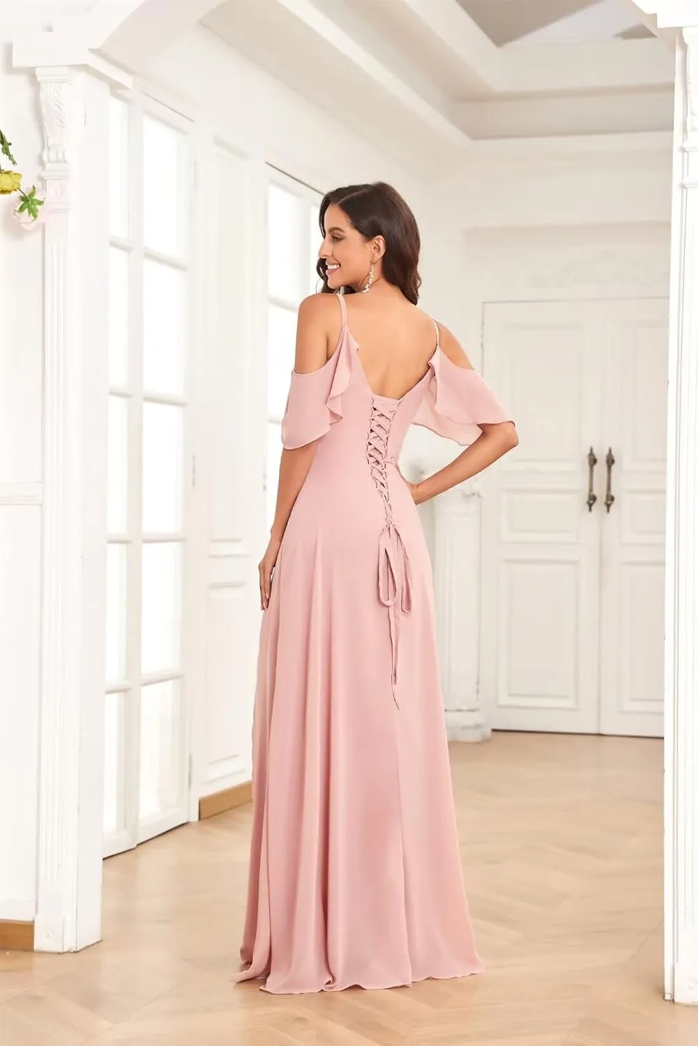 Off Shoulder Chiffon Bridesmaid Dresses for Wedding with Slit Cold Shoulder Prom Dress Pleated Wedding Party Gown