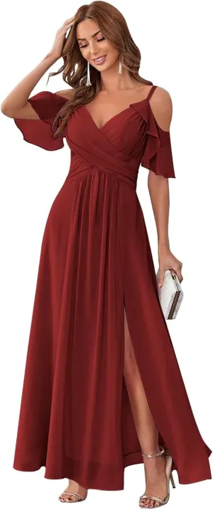 Off Shoulder Chiffon Bridesmaid Dresses for Wedding with Slit Cold Shoulder Prom Dress Pleated Wedding Party Gown