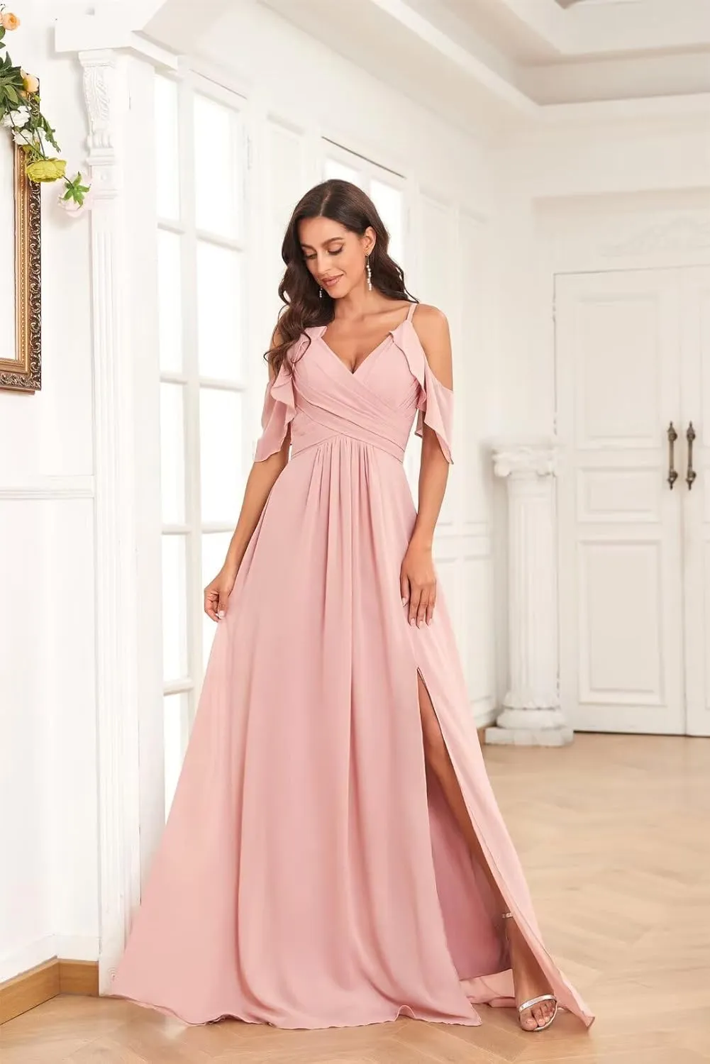 Off Shoulder Chiffon Bridesmaid Dresses for Wedding with Slit Cold Shoulder Prom Dress Pleated Wedding Party Gown