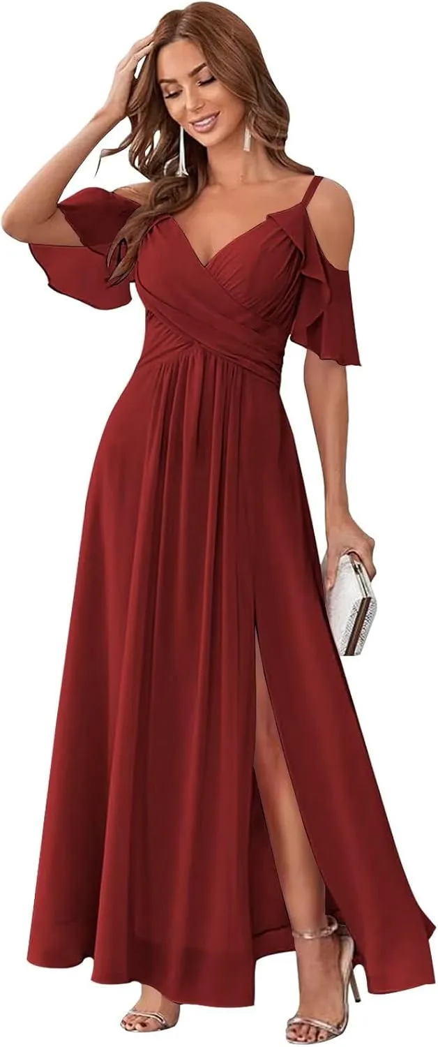 Off Shoulder Chiffon Bridesmaid Dresses for Wedding with Slit Cold Shoulder Prom Dress Pleated Wedding Party Gown