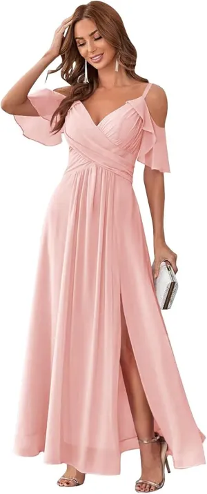 Off Shoulder Chiffon Bridesmaid Dresses for Wedding with Slit Cold Shoulder Prom Dress Pleated Wedding Party Gown