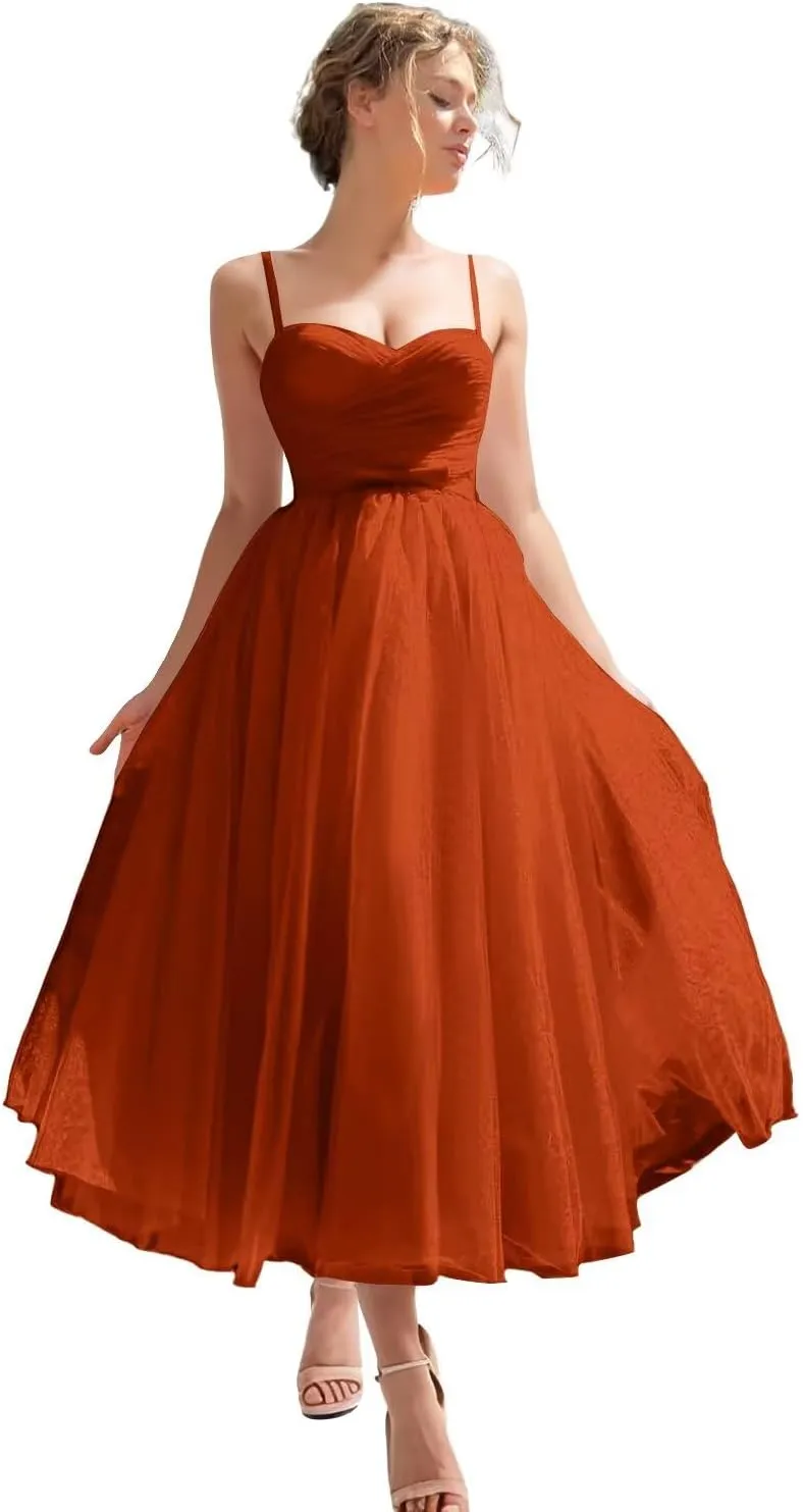 Off Shoulder Prom Dresses for Women Tea Length Tulle Ball Gown Backless A-Line Formal Evening Party Gowns