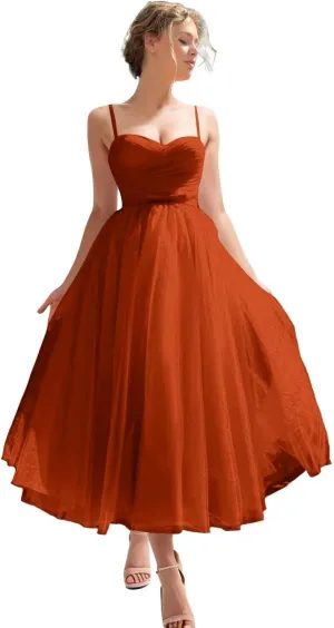 Off Shoulder Prom Dresses for Women Tea Length Tulle Ball Gown Backless A-Line Formal Evening Party Gowns