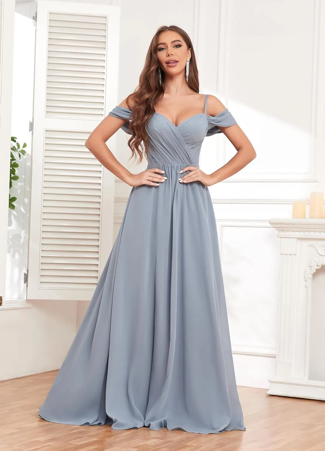Off The Shoulder Bridesmaid Dresses for Women with Pockets Split Long Chiffon Formal Evening Dresses