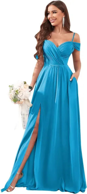 Off The Shoulder Bridesmaid Dresses for Women with Pockets Split Long Chiffon Formal Evening Dresses
