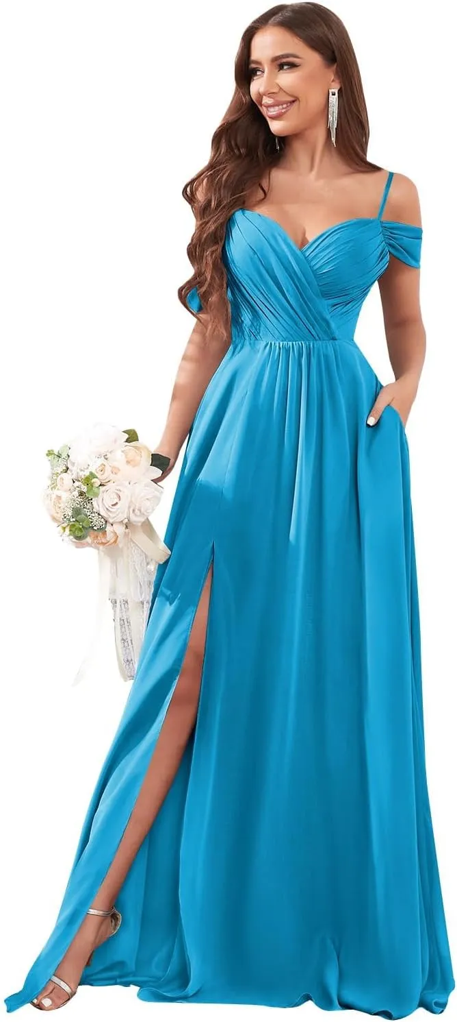 Off The Shoulder Bridesmaid Dresses for Women with Pockets Split Long Chiffon Formal Evening Dresses