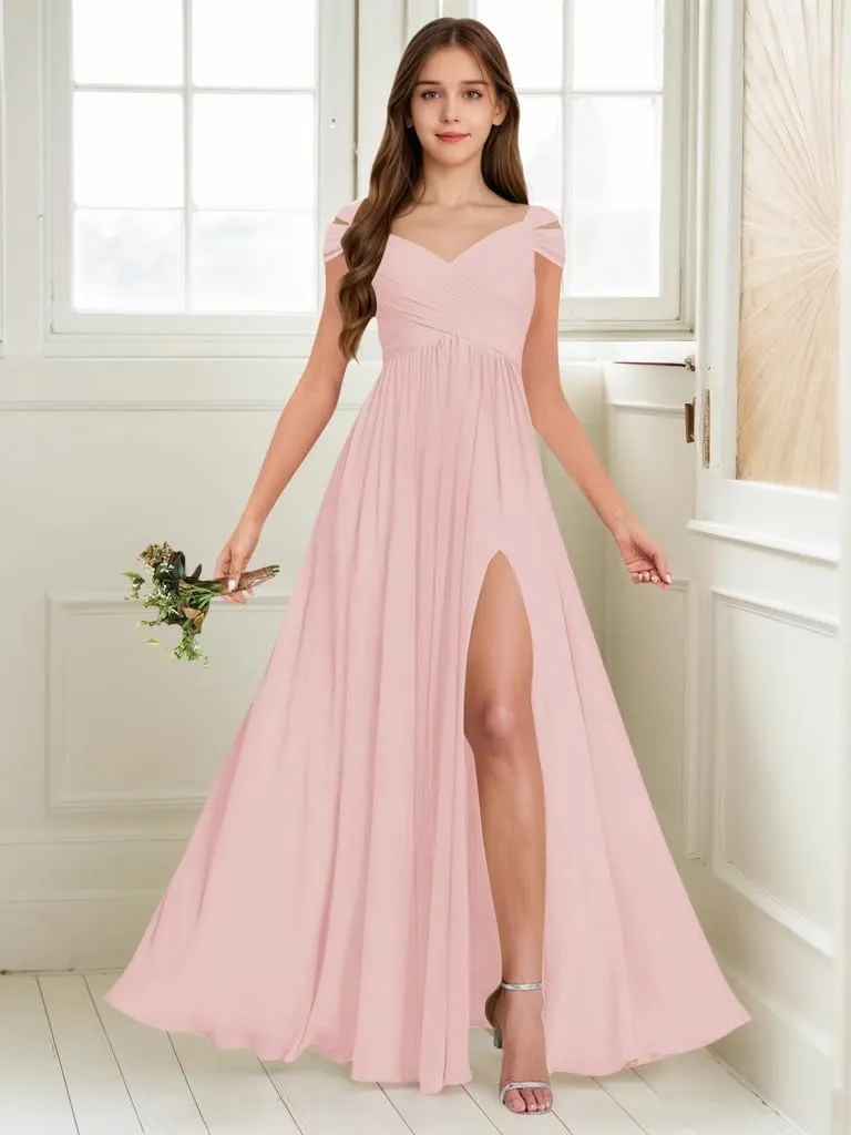Off The Shoulder Junior Bridesmaid Dresses Pleated Chiffon Split Flower Girl Dress for Formal Wedding Gowns