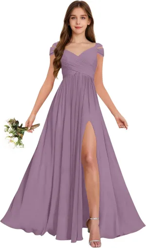 Off The Shoulder Junior Bridesmaid Dresses Pleated Chiffon Split Flower Girl Dress for Formal Wedding Gowns