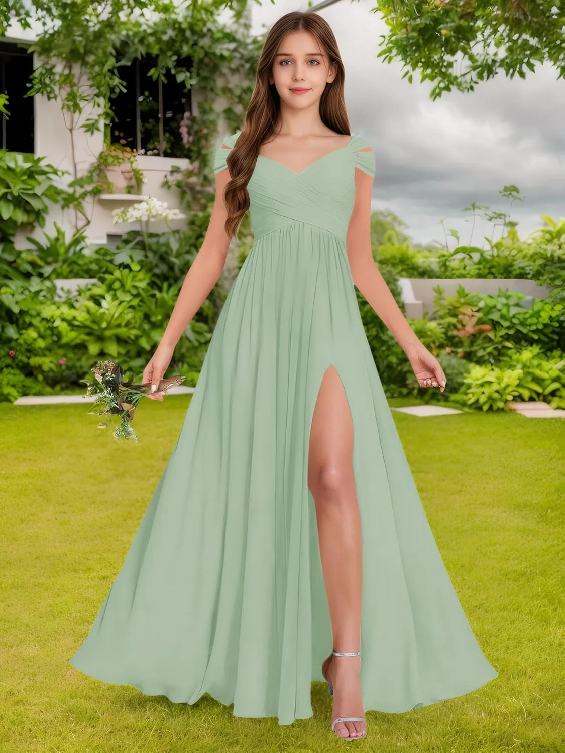 Off The Shoulder Junior Bridesmaid Dresses Pleated Chiffon Split Flower Girl Dress for Formal Wedding Gowns