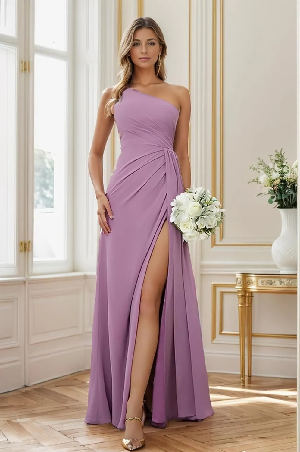 One Shoulder Bridesmaid Dresses for Women Ruched Chiffon A Line Evening Formal Gown with Slit