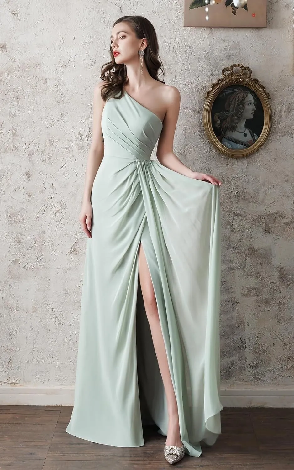 One Shoulder Bridesmaid Dresses for Women Ruched Chiffon A Line Evening Formal Gown with Slit