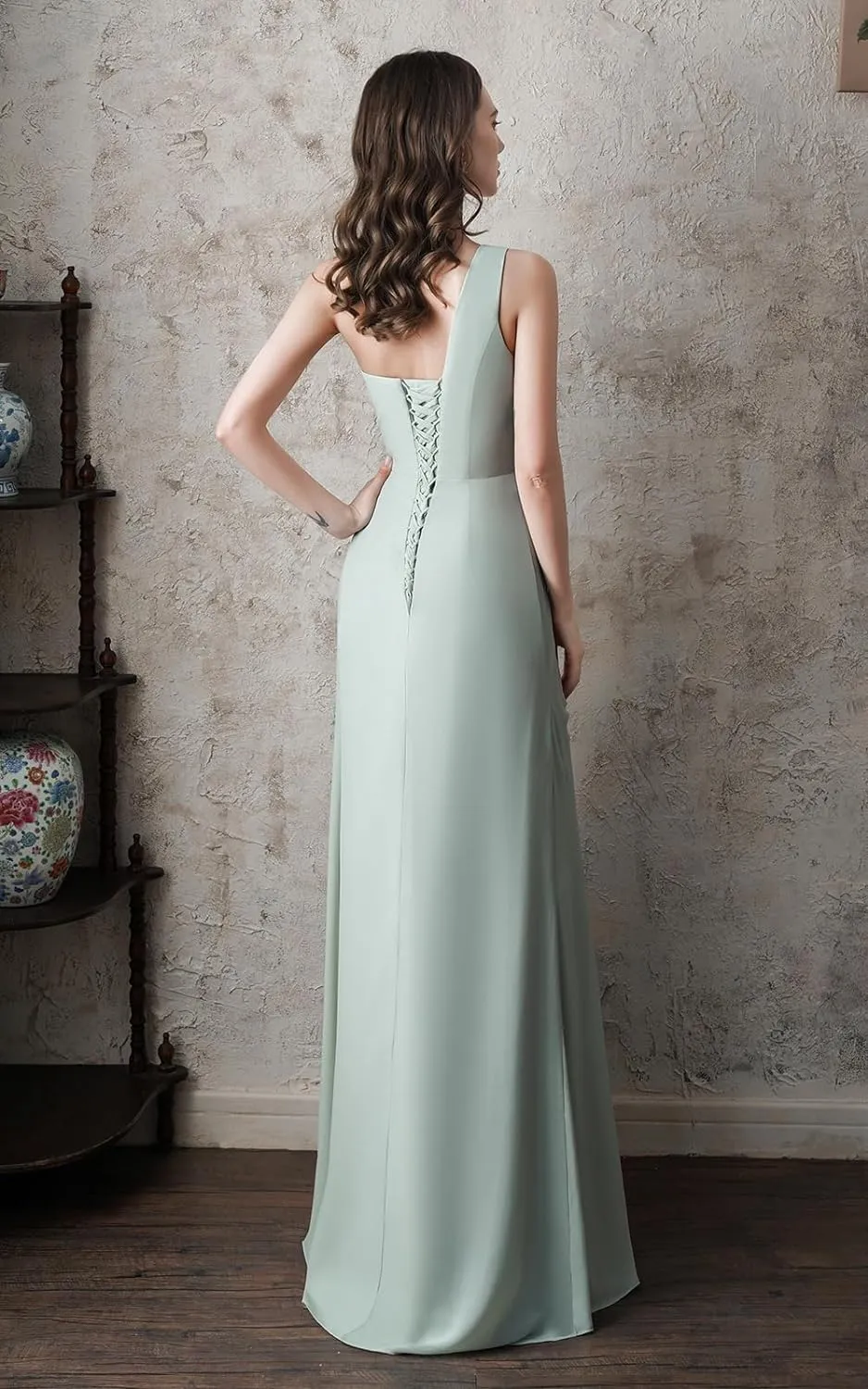 One Shoulder Bridesmaid Dresses for Women Ruched Chiffon A Line Evening Formal Gown with Slit