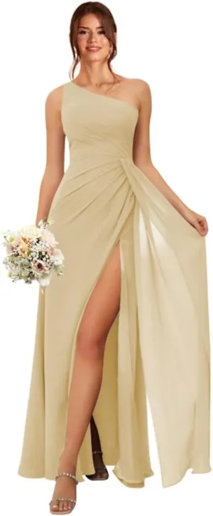 One Shoulder Bridesmaid Dresses for Women Ruched Chiffon A Line Evening Formal Gown with Slit