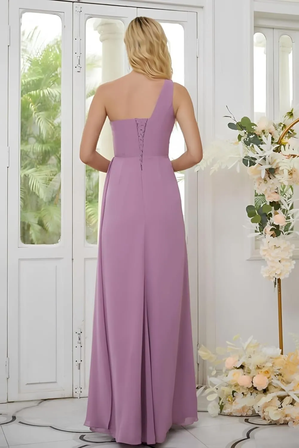 One Shoulder Bridesmaid Dresses for Women Ruched Chiffon A Line Evening Formal Gown with Slit