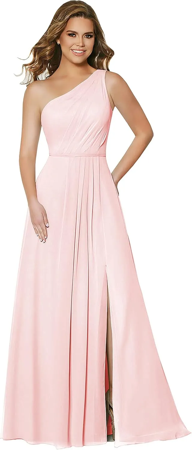 One Shoulder Bridesmaid Dresses Long Chiffon Ruched Slit Formal Dress with Pockets