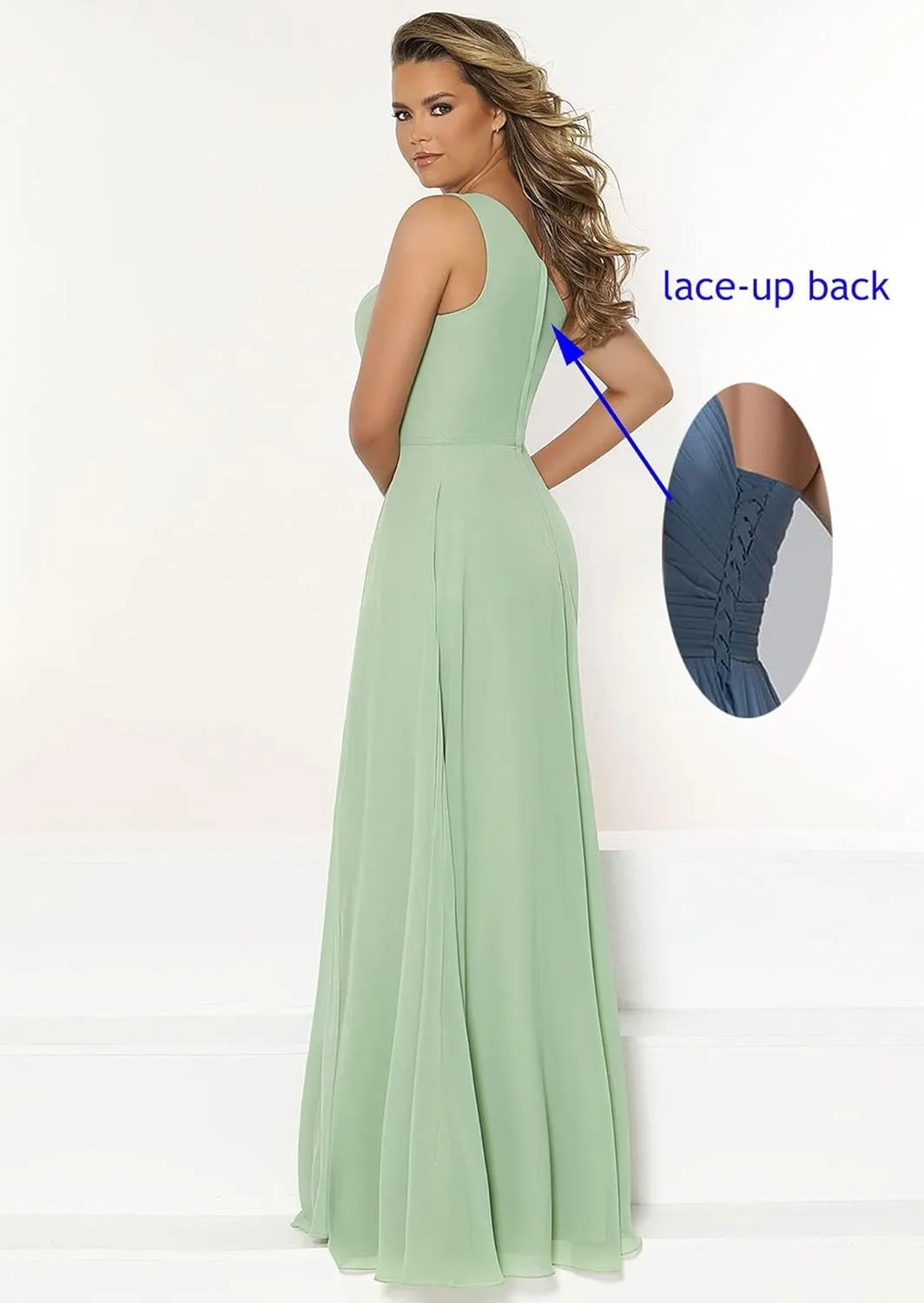 One Shoulder Bridesmaid Dresses Long Chiffon Ruched Slit Formal Dress with Pockets