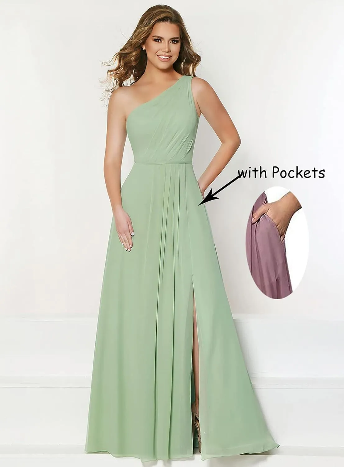 One Shoulder Bridesmaid Dresses Long Chiffon Ruched Slit Formal Dress with Pockets