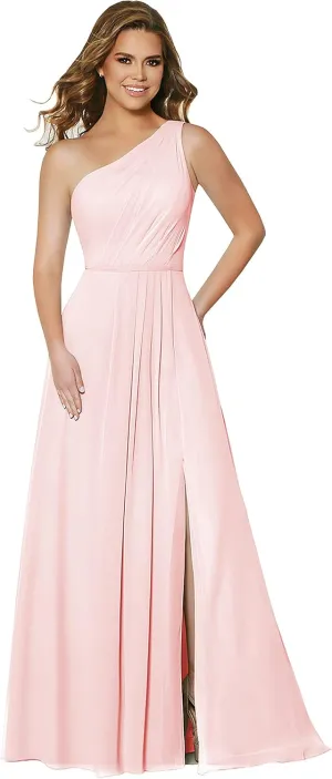 One Shoulder Bridesmaid Dresses Long Chiffon Ruched Slit Formal Dress with Pockets