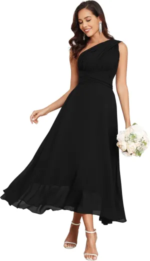 One Shoulder Chiffon Bridesmaid Dress, Tea Length, A-Line Evening Gown, Black