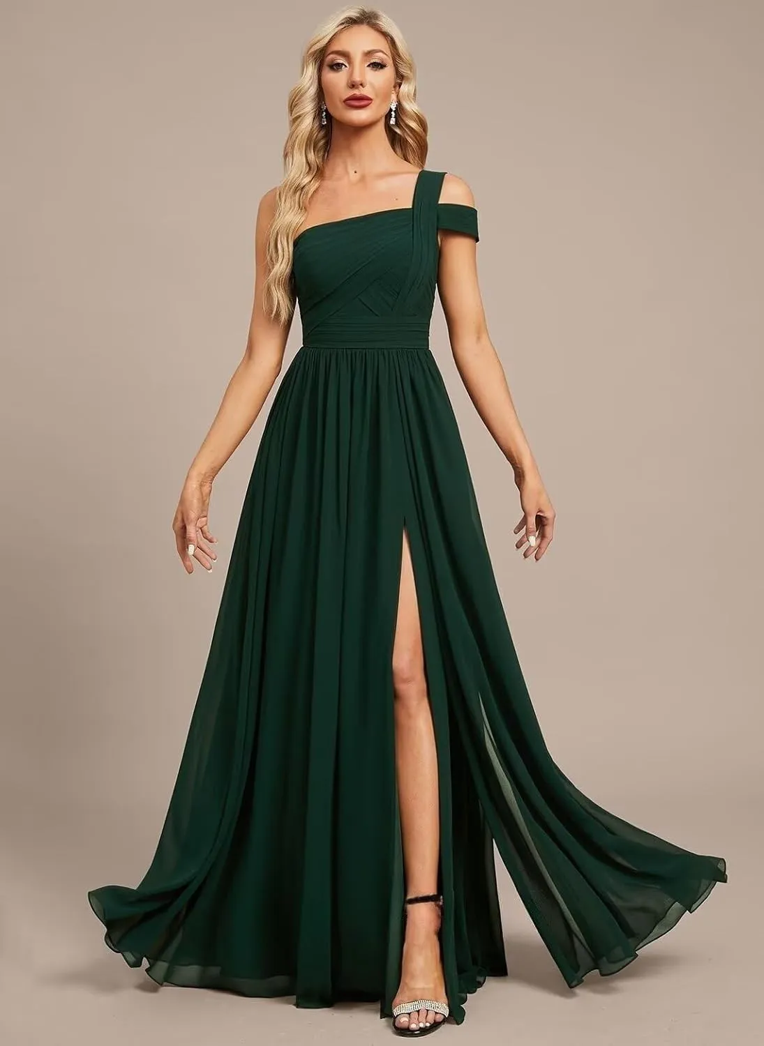 One Shoulder Chiffon Bridesmaid Dresses Long with Slit A-line Ruched Formal Gowns for Women with Pocket WO076