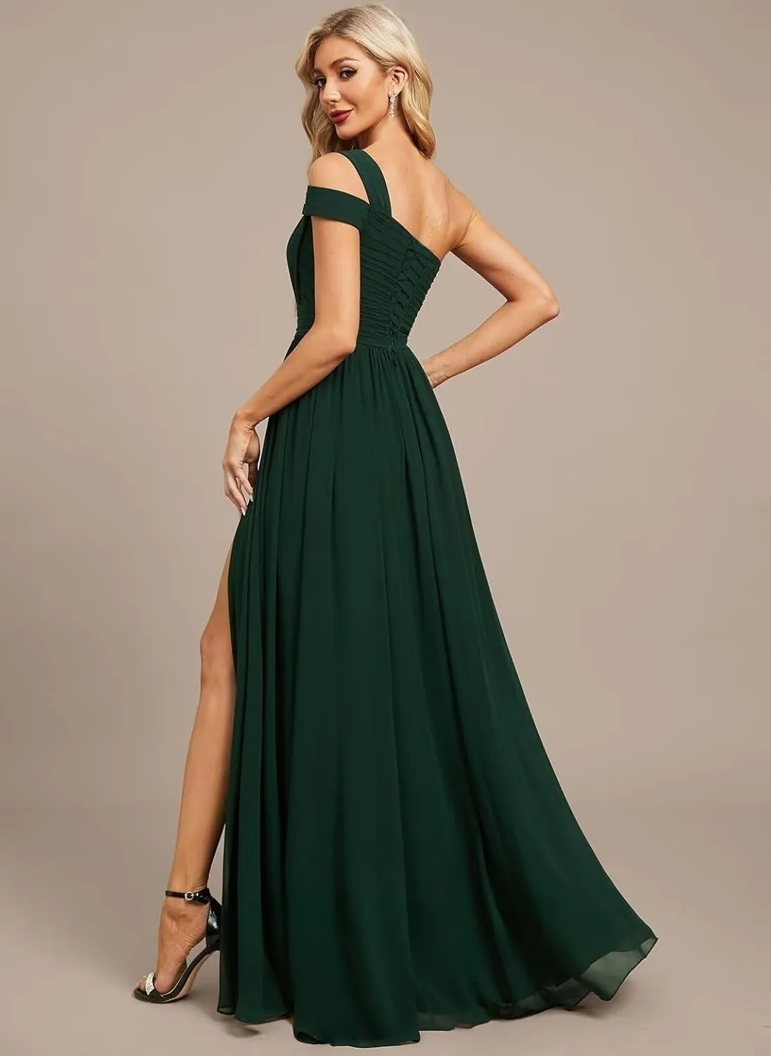 One Shoulder Chiffon Bridesmaid Dresses Long with Slit A-line Ruched Formal Gowns for Women with Pocket WO076