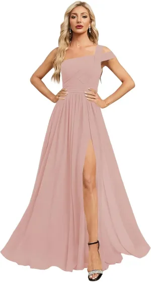 One Shoulder Chiffon Bridesmaid Dresses Long with Slit A-line Ruched Formal Gowns for Women with Pocket WO076