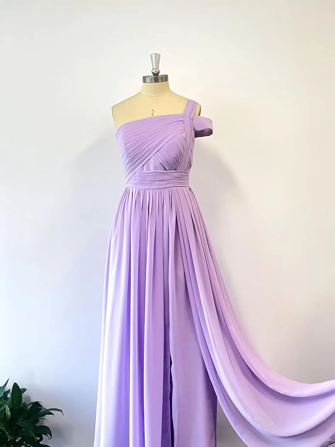 One Shoulder Chiffon Bridesmaid Dresses Long with Slit A-line Ruched Formal Gowns for Women with Pocket WO076