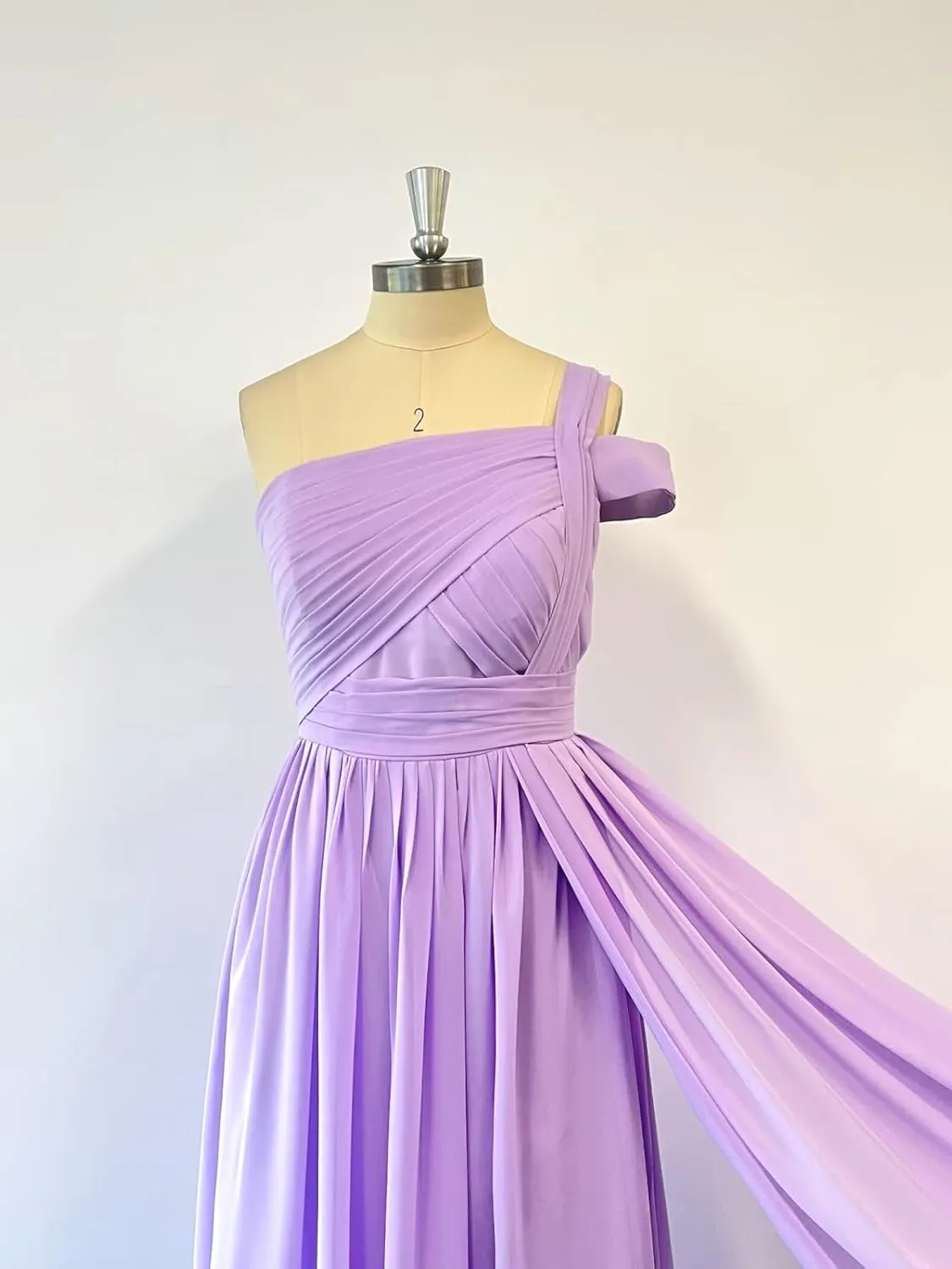 One Shoulder Chiffon Bridesmaid Dresses Long with Slit A-line Ruched Formal Gowns for Women with Pocket WO076