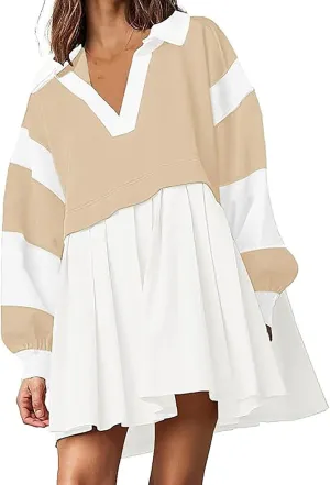 Oversized Sweatshirt for Women Long Sleeve V Neck Patchwork Pleated Pullover Mini Dress Fall Clothes 2024