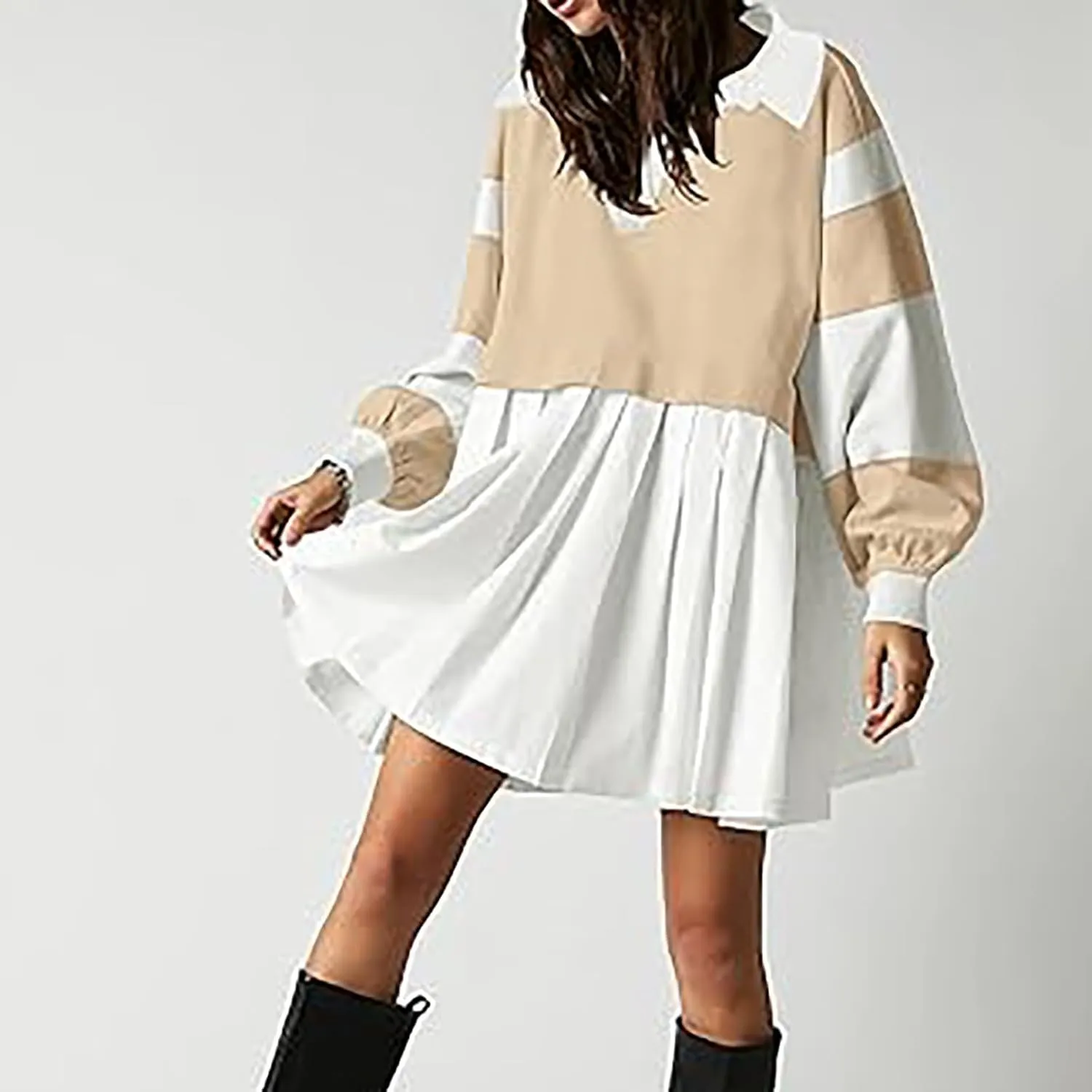 Oversized Sweatshirt for Women Long Sleeve V Neck Patchwork Pleated Pullover Mini Dress Fall Clothes 2024