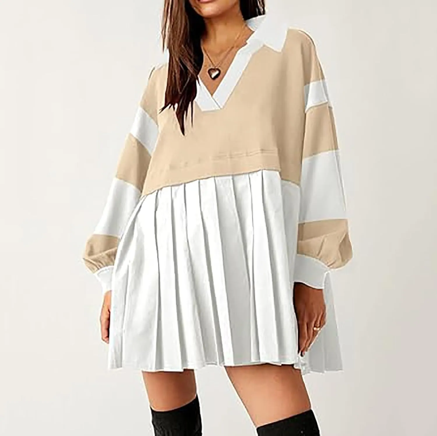 Oversized Sweatshirt for Women Long Sleeve V Neck Patchwork Pleated Pullover Mini Dress Fall Clothes 2024