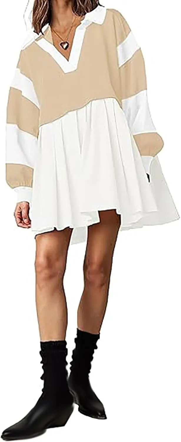 Oversized Sweatshirt for Women Long Sleeve V Neck Patchwork Pleated Pullover Mini Dress Fall Clothes 2024