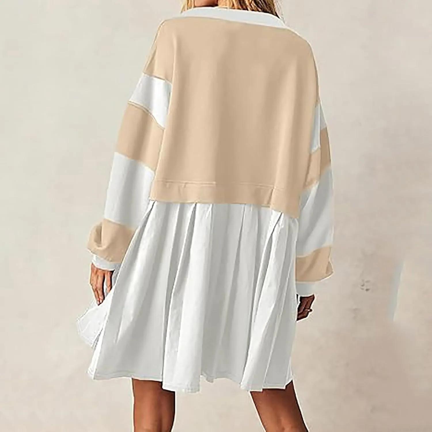 Oversized Sweatshirt for Women Long Sleeve V Neck Patchwork Pleated Pullover Mini Dress Fall Clothes 2024