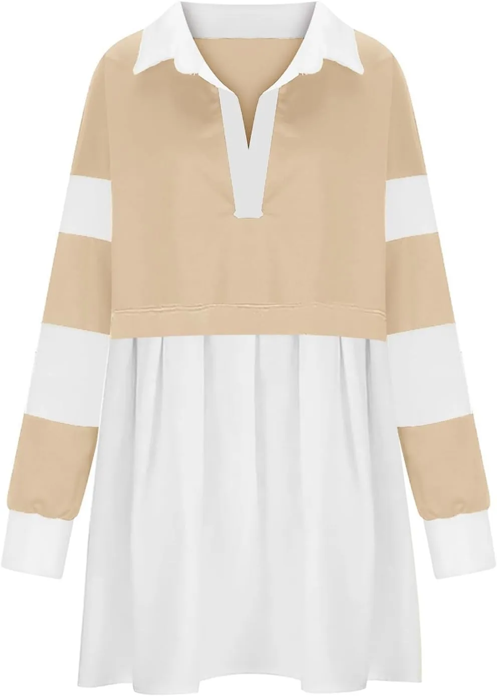 Oversized Sweatshirt for Women Long Sleeve V Neck Patchwork Pleated Pullover Mini Dress Fall Clothes 2024