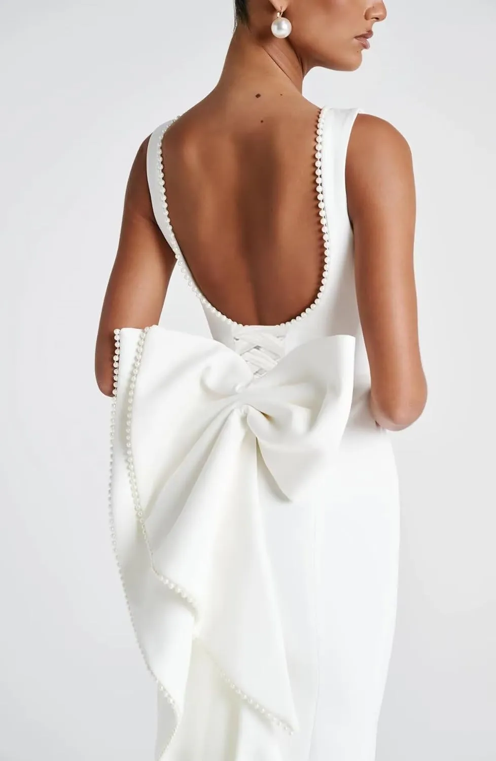 Pearl Satin Wedding Dresses for Bride Midi Prom Dress with Bow Back Corset Formal Party Gowns