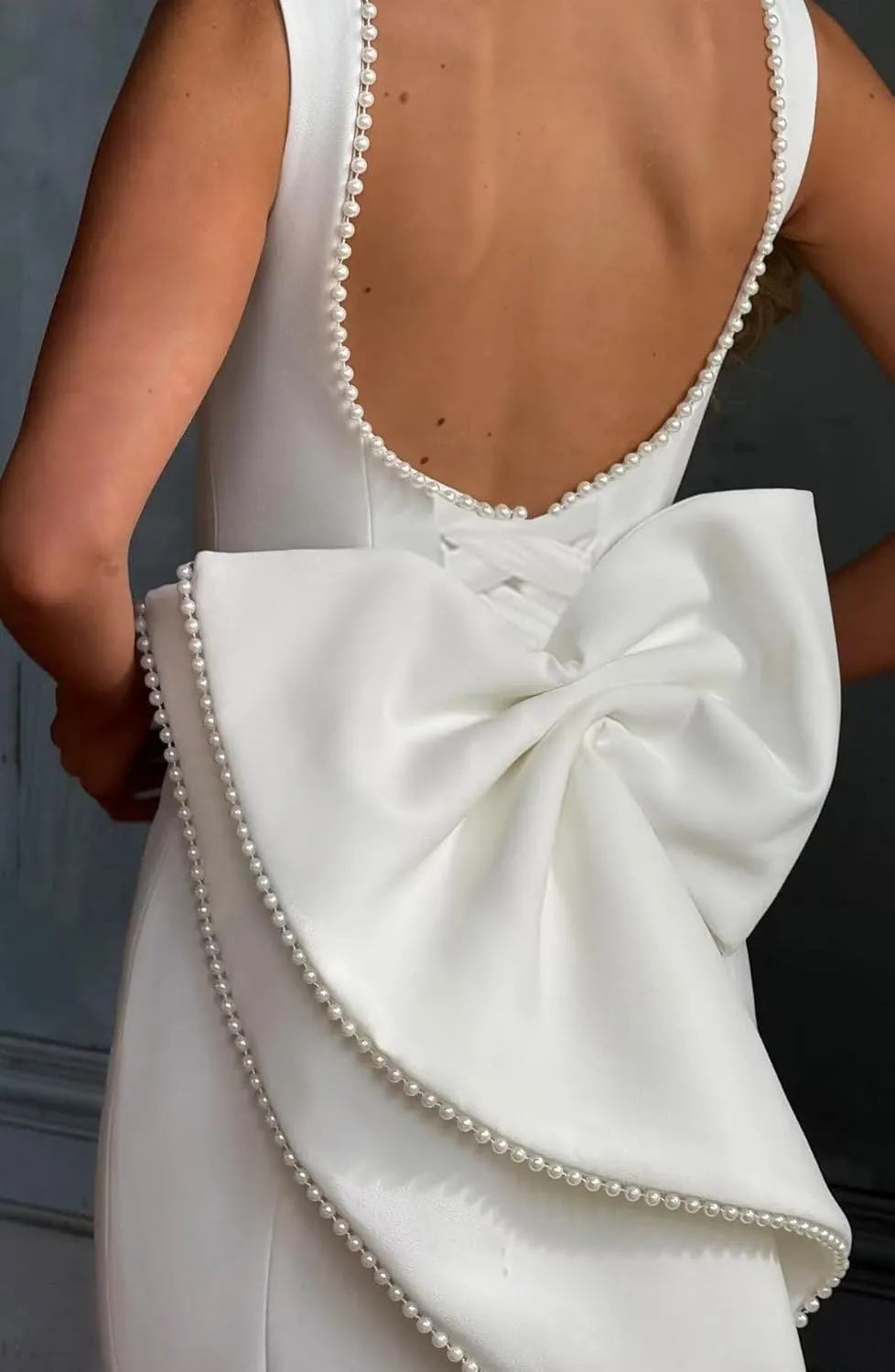 Pearl Satin Wedding Dresses for Bride Midi Prom Dress with Bow Back Corset Formal Party Gowns