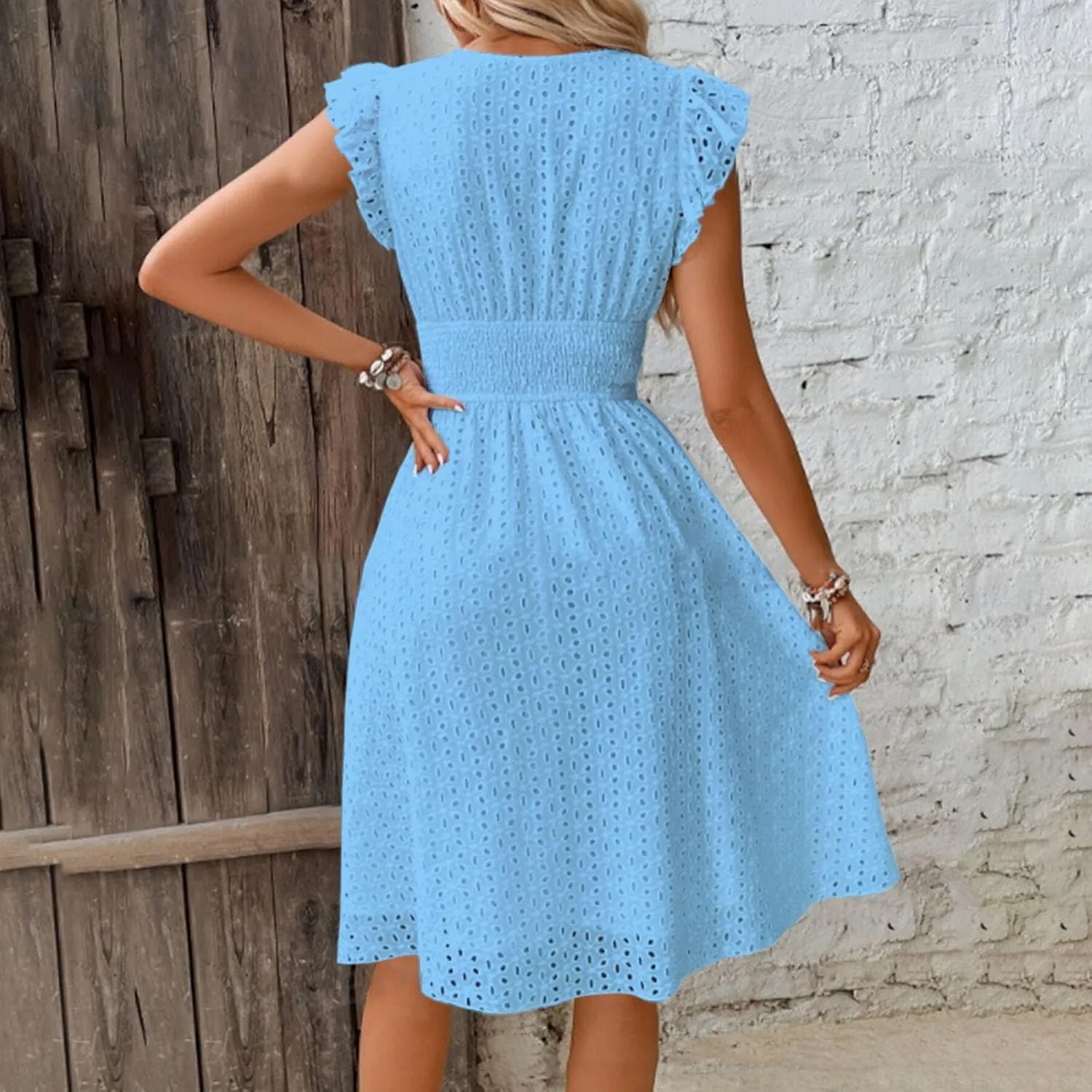 Petite Dresses for Women 5 ft Plus Size Floral Lace Embroidery V-Neck A-Line Midi Dress Breathable Hollow Out Design