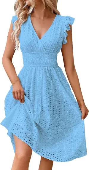 Petite Dresses for Women 5 ft Plus Size Floral Lace Embroidery V-Neck A-Line Midi Dress Breathable Hollow Out Design