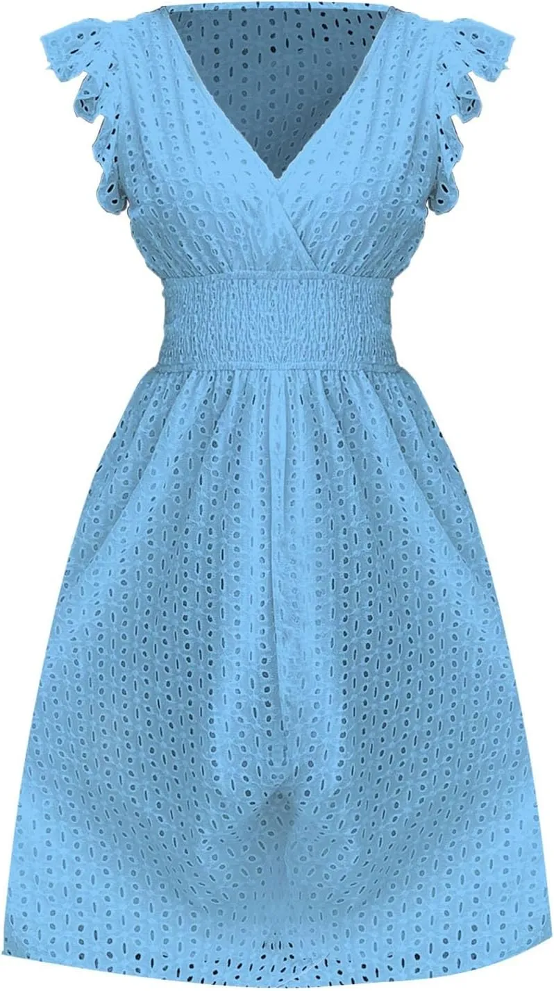 Petite Dresses for Women 5 ft Plus Size Floral Lace Embroidery V-Neck A-Line Midi Dress Breathable Hollow Out Design