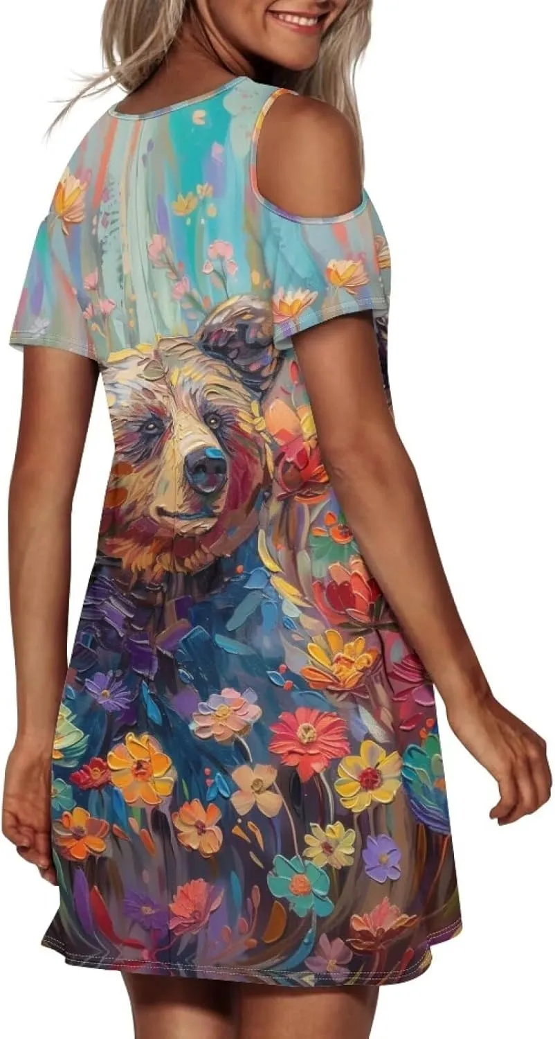 PinUp Angel Womens Art Oil Painting Animal Pattern Summer Dresses Beach Casual Loose Tshirt Floral Short Sleeve Sundress