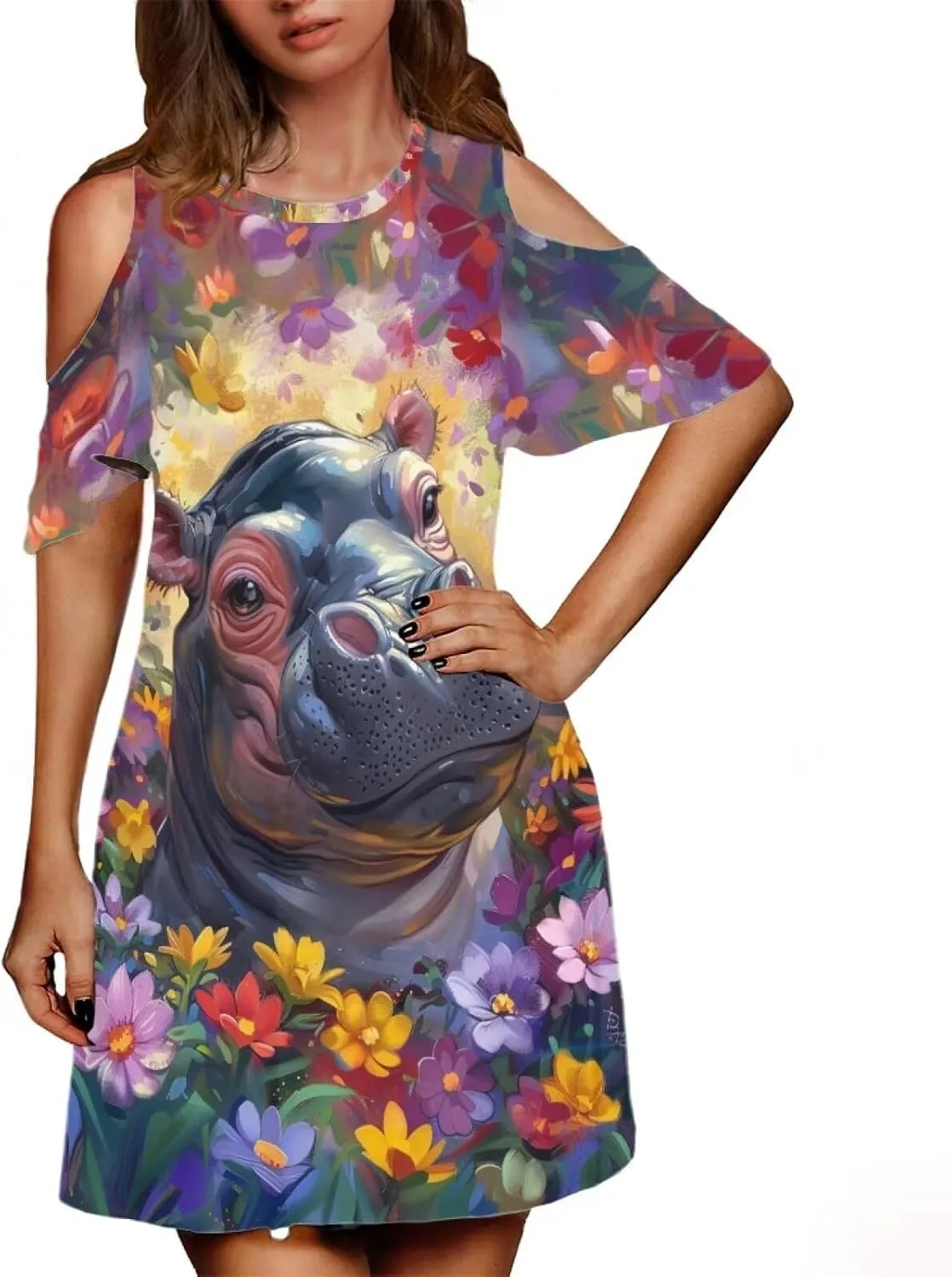PinUp Angel Womens Art Oil Painting Animal Pattern Summer Dresses Beach Casual Loose Tshirt Floral Short Sleeve Sundress